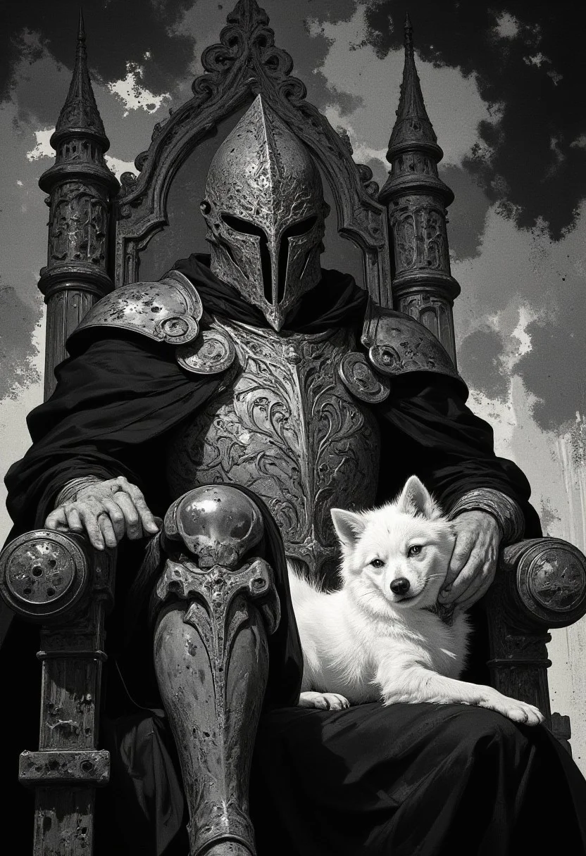 A Gothic-inspired digital painting captures a Knight Templar in a close-up, seated regally on an intricately carved, imposing throne. The knight wears finely crafted plate armor, rendered in meticulous detail, with etched patterns of swirling vines and sacred crosses adorning the chest plate and shoulder guards. His great helm, with a narrow vertical slit and subtle ridges, exudes an air of enigmatic authority. Draped over his left side is a flowing black robe, its folds adding depth and texture to the composition, contrasting against the cold, polished steel of his armor. Resting on his lap is a pure white Pomeranian, its silky fur luminous and soft, standing out as the sole touch of color in an otherwise monochromatic scene. The throne is a masterpiece of Gothic design, featuring carved arches, angular spires, and skull motifs, emphasizing the somber, medieval tone. The background fades into abstract, smoky textures of black and gray, adding a shadowy, atmospheric depth. The interplay of light and shadow highlights the intricate details of the knight's armor and throne, while the dog’s delicate presence introduces a surreal juxtaposition of strength and tenderness. The monochromatic black-and-gray sketch style enhances the haunting elegance of this composition, blending themes of power, loyalty, and solemnity.