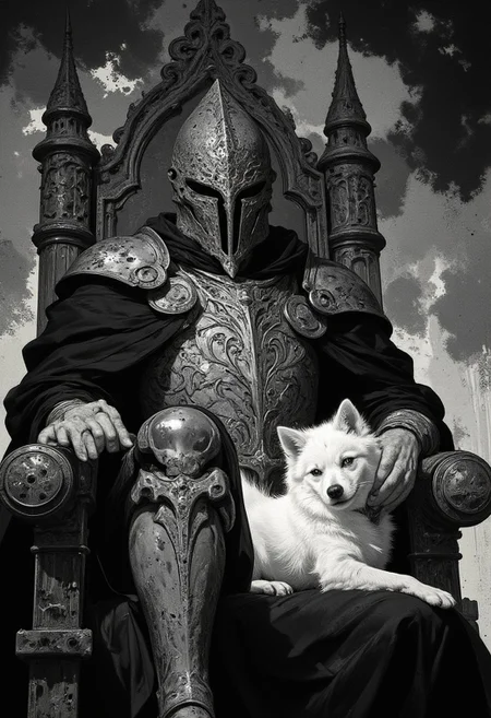 A Gothic-inspired digital painting captures a Knight Templar in a close-up, seated regally on an intricately carved, imposing throne. The knight wears finely crafted plate armor, rendered in meticulous detail, with etched patterns of swirling vines and sacred crosses adorning the chest plate and shoulder guards. His great helm, with a narrow vertical slit and subtle ridges, exudes an air of enigmatic authority. Draped over his left side is a flowing black robe, its folds adding depth and texture to the composition, contrasting against the cold, polished steel of his armor. Resting on his lap is a pure white Pomeranian, its silky fur luminous and soft, standing out as the sole touch of color in an otherwise monochromatic scene. The throne is a masterpiece of Gothic design, featuring carved arches, angular spires, and skull motifs, emphasizing the somber, medieval tone. The background fades into abstract, smoky textures of black and gray, adding a shadowy, atmospheric depth. The interplay of light and shadow highlights the intricate details of the knight's armor and throne, while the dog’s delicate presence introduces a surreal juxtaposition of strength and tenderness. The monochromatic black-and-gray sketch style enhances the haunting elegance of this composition, blending themes of power, loyalty, and solemnity.