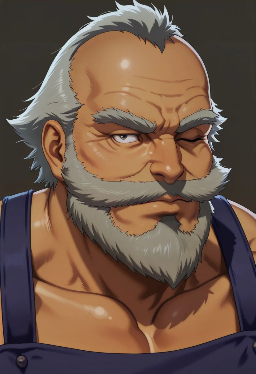 masterpiece, high quality, realistic, detailed, best quality, solo, rating_safe, source_anime, upper body, smith_gs, old man, grey hair, male, 1boy, tanned skin, right eye closed, apron, facial hair, muscular male, looking at viewer, portrait, simple background, close up