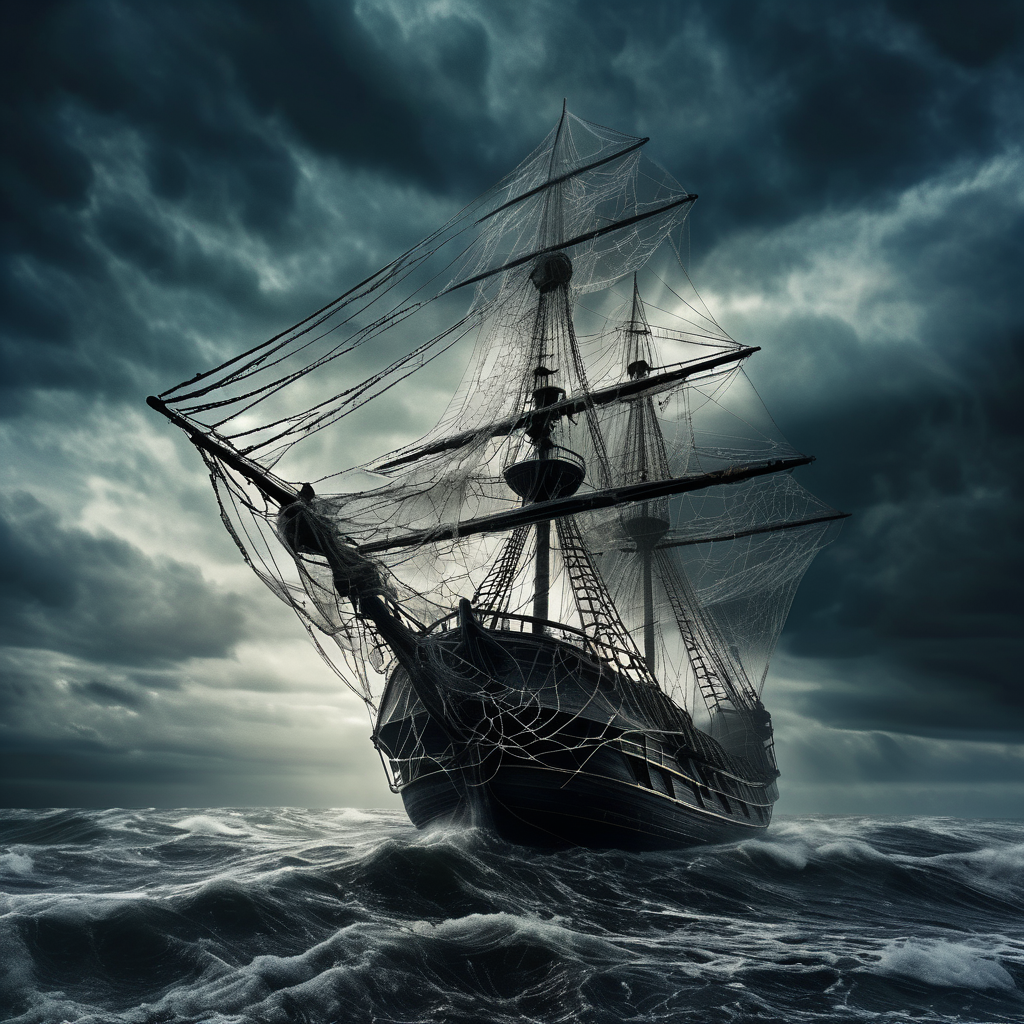 spiderweb  pirate ship, ghost entwined with cobwebs, rough dark waves cloudy sky dark sky, cinematic, photorealistic very detailed, professional photo <lora:spiderweb:1>