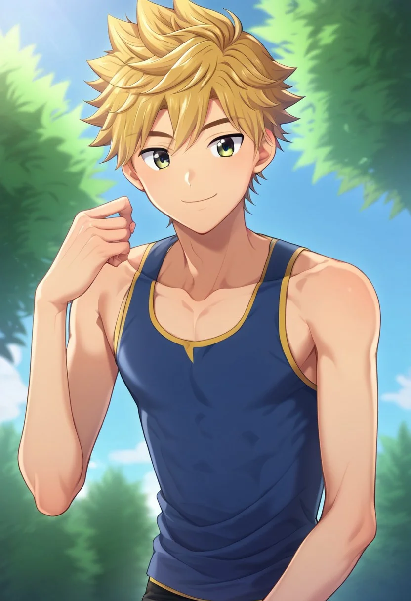 hikarishi_kenji, blond hair, short hair, bangs, 1boy, (solo:1.20), solo focus, character with (athletic body:1.1), (balanced:1.2), 1boy, solo, solo focus, blue tank top, wear black trunk, smile, proportional body, strong leg