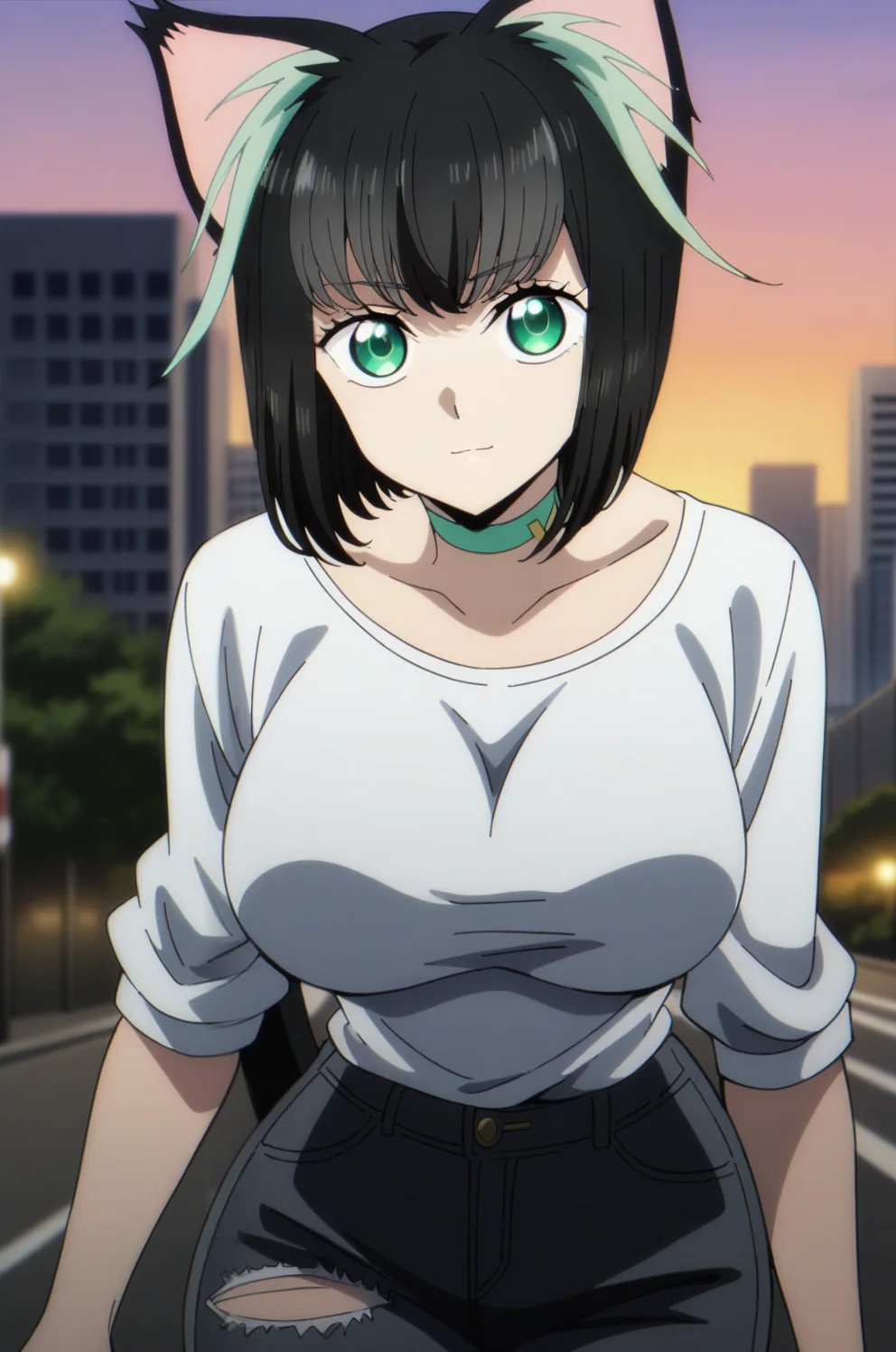(masterpiece), (best quality), newest, (intricate details, very aesthetic), good hands, 1girl, <lora:tama-animagine:1> tama_wz, black hair, two-tone hair, green hair, short hair, cat ears, large breasts, green eyes, large breasts, cat tail, chocker, white shirt, blue torn jeans, city, tokyo \(city\), street, walking, looking at viewer, light smile, sunset