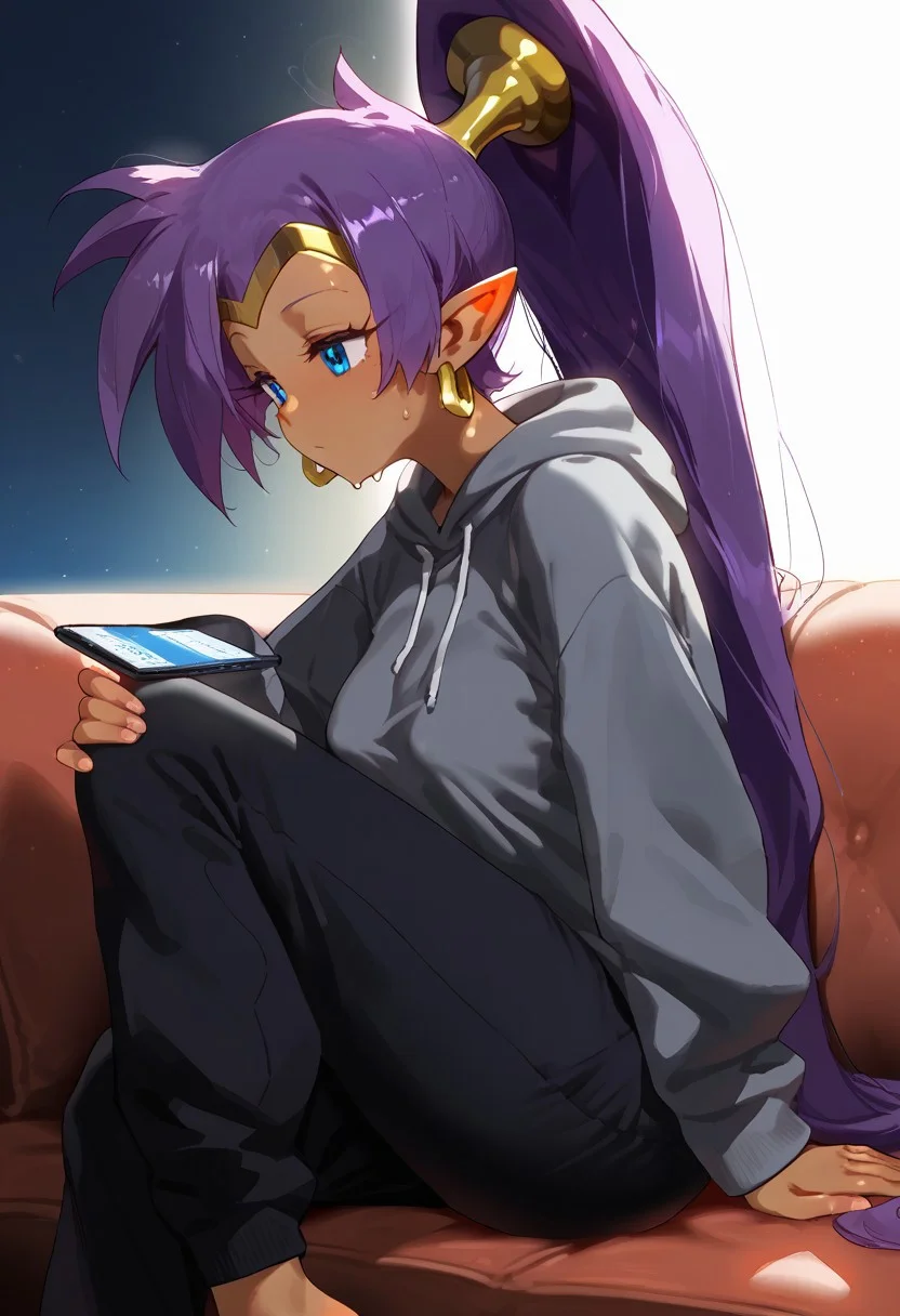 score_9, score_8_up, score_7_up, score_6_up, score_5_up, score_4_up, source_anime, masterpiece, detailed, detailed body, solo, alone, 1 female, cute, beautiful, extremely detailed, masterpiece, hi res, full body, fullbody, 
defShan, shantae, pointy ears, dark tan skin, darker skin, latina, dark skin, 
very long hair, purple hair, ponytail, 
deep blue eyes, sparkly blue eyes, detailed eyelashes, bushy eyelashes, big eyes, 
looking at phone, bored, expressionless, eyes half closed, eyes almost closed, half closed eyes, 
casual clothing, modern clothes, grey hoodie, baggie hoodie, sleeves covering hands, black sweatpants, black pants, black sweat pants, 
tall, sagging breasts, curvy, busty, medium breasts, wide hips, big thighs, thick thighs, huge nipples, nipple bulge, erect nipples, Long Nipples, hyper nipples, 
from side, from the side, side angle, view from the side, 
sat on couch, sitting, feet on couch, holding knee, hand on knee, looking at cellphone, holding phone, 
simple dark background, 
light particles, godrays, warm light, Expressiveh, sweaty, sweating, shiny, shiny skin, oily skin,
