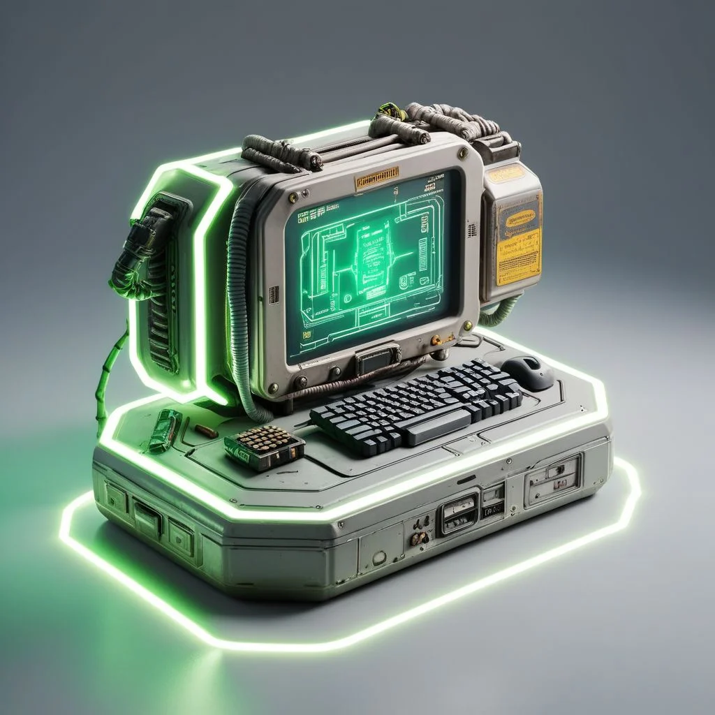 isztoksk, pip boy cyberpunk arm computer, no humans, cable, simple background, shadow, still life, solo, grey background, white background, 3d, miniature, isometric, from above, cinematic lighting, neon lighting, game design, octane render, masterpiece, best quality