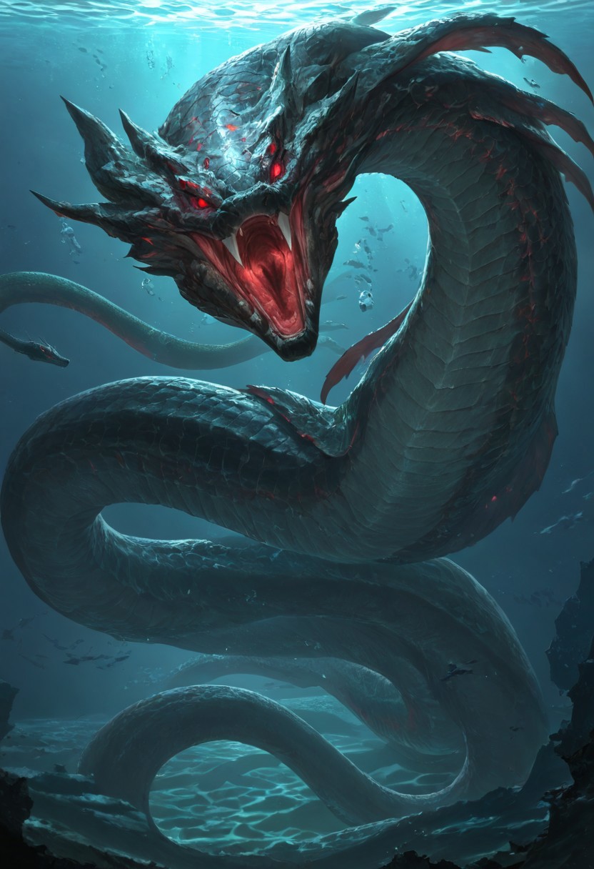 masterpiece, best quality, newest, absurdres, highres, AQDRV1.0, dragon, underwater, ocean, snake, serpent, monster, no humans, glowing eyes, red eyes,