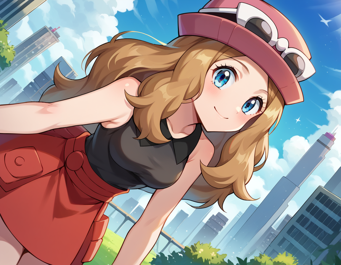 score_9, score_8_up, score_7_up, source_anime,
pokemonserena, <lora:pokemon-serena-ponyxl-lora-nochekaiser:1>
serena, long hair, blue eyes, brown hair, smile,
eyewear on head, hat, skirt, sunglasses, shirt, black shirt, sleeveless, red skirt, pink hat,
outdoors, cityscape, bent over,
looking at viewer, cowboy shot, dutch angle,