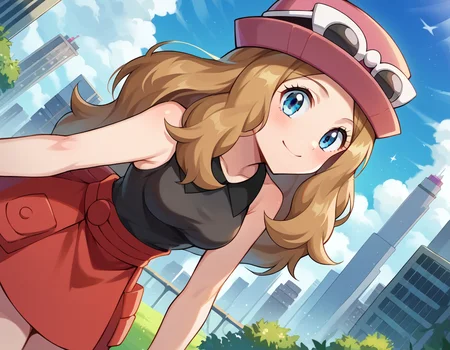 score_9, score_8_up, score_7_up, source_anime,
pokemonserena, <lora:pokemon-serena-ponyxl-lora-nochekaiser:1>
serena, long hair, blue eyes, brown hair, smile,
eyewear on head, hat, skirt, sunglasses, shirt, black shirt, sleeveless, red skirt, pink hat,
outdoors, cityscape, bent over,
looking at viewer, cowboy shot, dutch angle,
