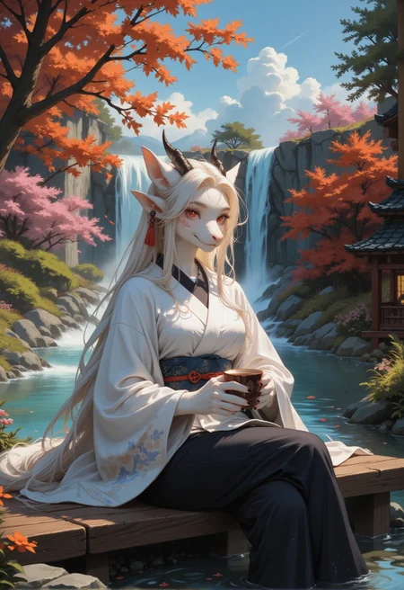 a RAW ultra-realistic photo, UHD,8K, masterpiece, best quality, higres, high detail, depht of view, score_9,score_8_up,score_7_up,embedding:zPDXL2, Expressive,colorful, , A painting of a woman in a kimono is sitting on a bench. She is wearing black pants and holding a cup of coffee. There is a waterfall behind her., 1girl, solo, smile, red_eyes, holding, animal_ears, sitting, closed_mouth, tail, flower, outdoors, japanese_clothes, sky, day, cloud, wide_sleeves, kimono, water, tree, cup, blue_sky, crossed_legs, plant, steam, scenery, holding_cup, furry, pink_flower, dragon, furry_female, scales, waterfall,<lora:增强\(收藏)\sdxl_lightning_8step_lora.safetensors:1.0:1.0> <lora:(风格)\(收藏)\Expressive_H-000001.safetensors:0.8:0.8> <lora:(风格)\(收藏)\GN_v1.4.safetensors:0.4:0.4> <lora:增强\(收藏)\Hands XL 4.safetensors:1.0:1.0> <lora:Envy Pony Pretty Eyes 01.safetensors:0.3:0.3>