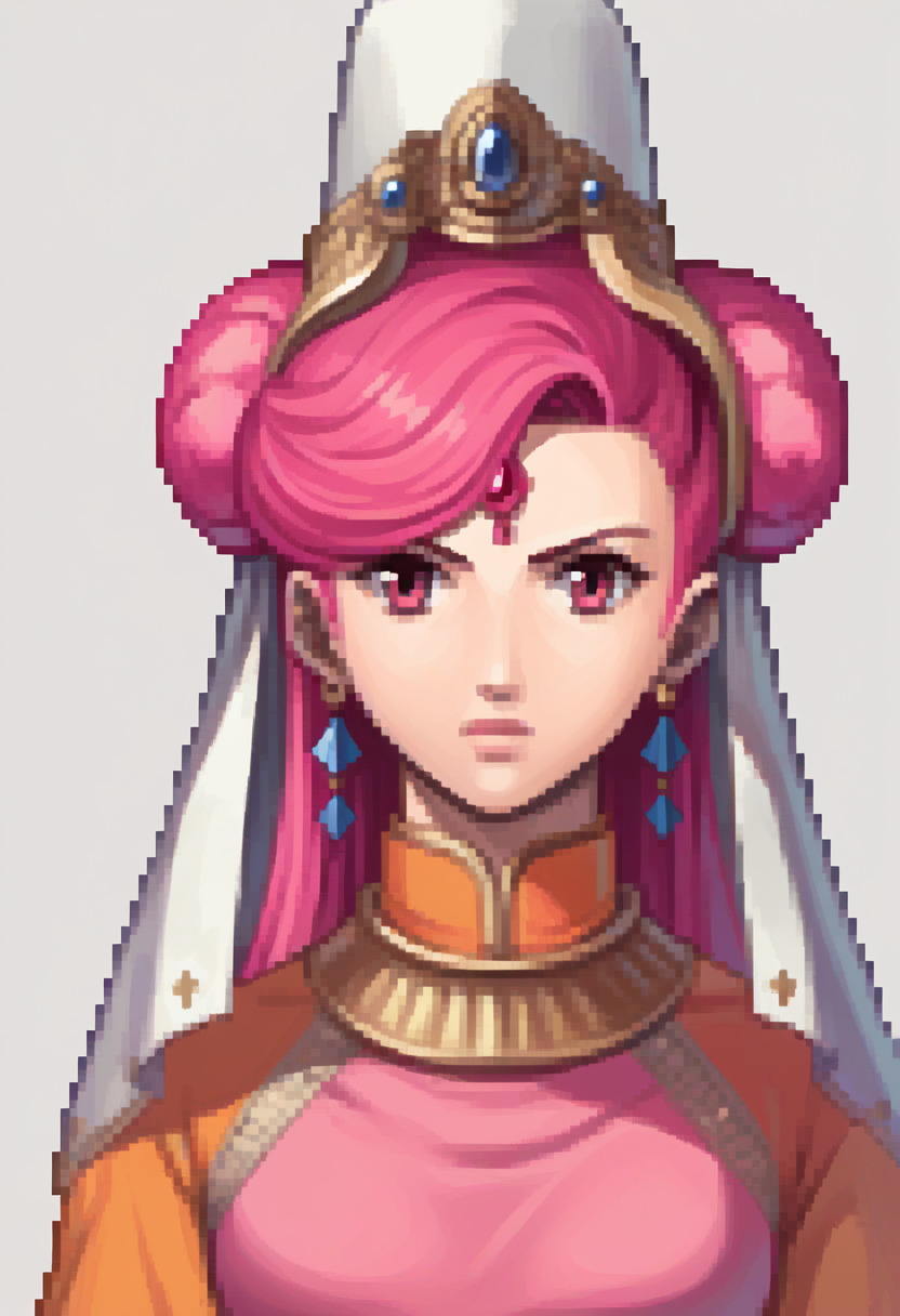 score_9, score_8_up, score_7_up, source_anime BREAK 1girl, solo,
<lora:zs_FEDSPortraitsXL:1> fedsportraits, portrait, white background
 <lora:parvati-smt-richy-v1_pdxl:1> parvati, pink eyes, pink hair, long hair, double bun, forehead jewel, hat, veil, pink lips, jewelery, earrings, bracelet, pink shirt, orange sleeves, crop top,