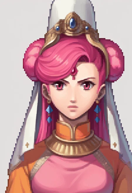 score_9, score_8_up, score_7_up, source_anime BREAK 1girl, solo,
<lora:zs_FEDSPortraitsXL:1> fedsportraits, portrait, white background
<lora:parvati-smt-richy-v1_pdxl:1> parvati, pink eyes, pink hair, long hair, double bun, forehead jewel, hat, veil, pink lips, jewelery, earrings, bracelet, pink shirt, orange sleeves, crop top,
