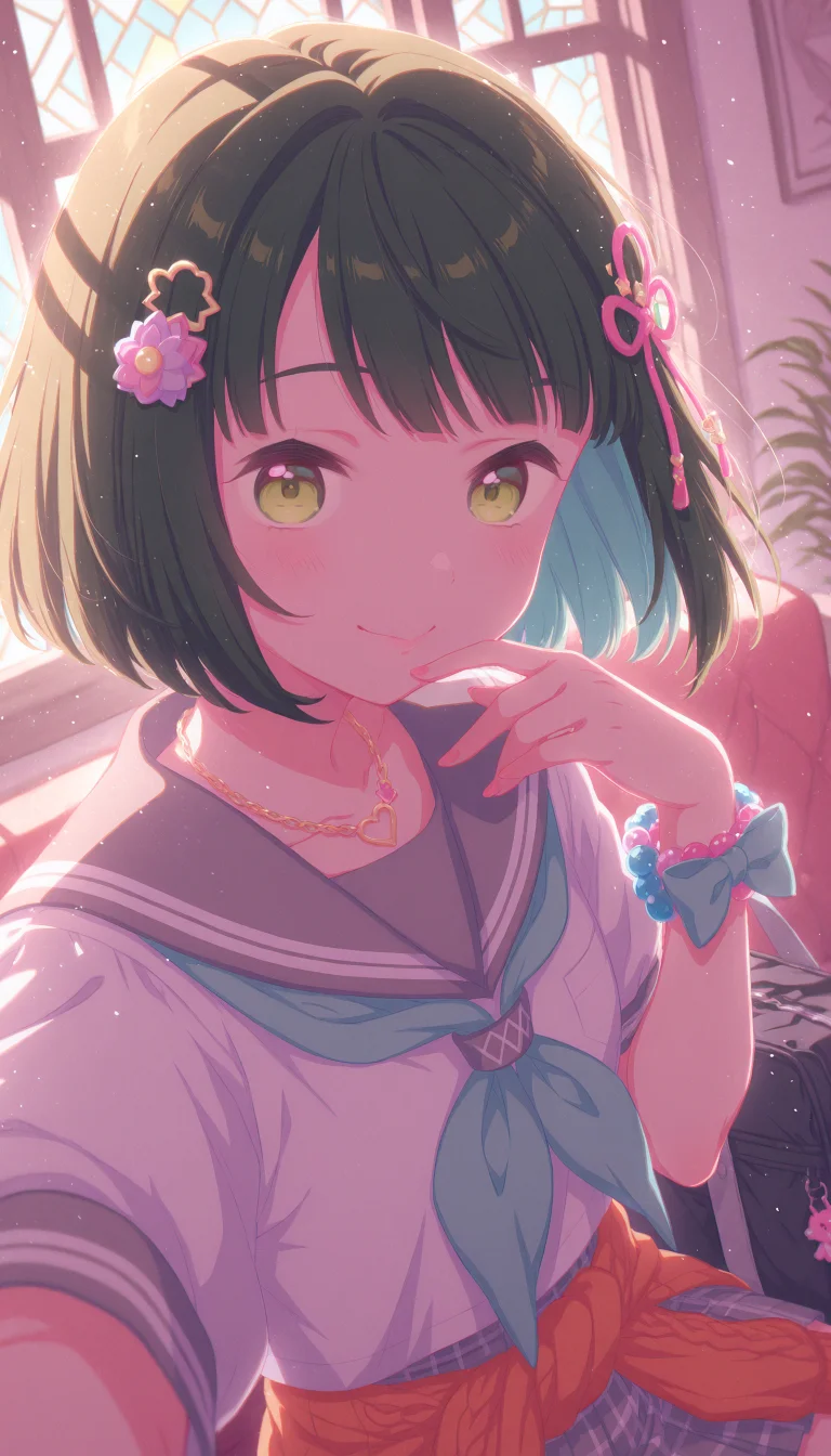 1girl, taking a selfie, momose ginko, link! like! love live!, green eyes, short dark green hair, bob cut, blunt bangs, blunt ends, hair flower, flower knot hair ornament,
(v-shaped eyebrows,closed mouth,smile),
BREAK
wearing (orange cardigan around waist, cable knit, heart chain necklace, wrist bow, serafuku, overhang shirt, light blue neckerchief, striped neckerchief, grey sailor colar, hair bow, light blue miniskirt, pleated skirt, plaid skirt), (too many hair ornaments:1.3), bead bracelet, colored fingernails, bag charm, duffel bag,
BREAK
looking at viewer,
sitting,drinking straw,
(indoor, cafe interior, stained glass, window shadow, red couch, plant),
(decora:1.3), (pastel colors:1.25),
QUALITY
(masterpiece, very aesthetic, absurdres),
BREAK
at noon, (sunbeam:1.1), (sunlight:1.1), rainbow highlights, bloom, dramatic lighting, (particles:1.2), (blurry background:1.2), (from front,close-up,upper body), dutch angle, blue shadow, backlighting, dynamic pose, extreme perspective, film grain,
<lora:DynamicPoseIL2att_alpha1.0_rank4_noxattn_900steps:1.5>, <lora:illustrious_quality_modifiers_masterpieces_v1:1>, <lora:Dramatic Lighting SliderIL:3>,<lora:outline_xl_end:-10>, <lora:EnvyZoomSliderXL01:2.5>, <lora:il_contrast_slider_d1:-0.5>, <lora:colorful_sdxl_v2_lbw:1>, <lora:StS-Illustrious-Detail-Slider-v1.0:1>, <lora:darkness_xl_v20:0.65>