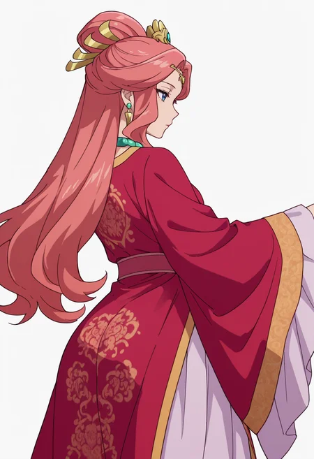 Smooth Quality,masterpiece,very intricate, high quality details, ultra realistic, high detailed skin,detailed enviorement,absurdres,
simple background, white background,solo,
from behind,bored,dancing,
<lora:Gyokuyou_CNR:0.8> gyokuyou_cnr, 1girl, red hair, pink hair, blue eyes, long hair,chinese clothes, dress, long sleeves, wide sleeves,earrings, necklace, jewelry