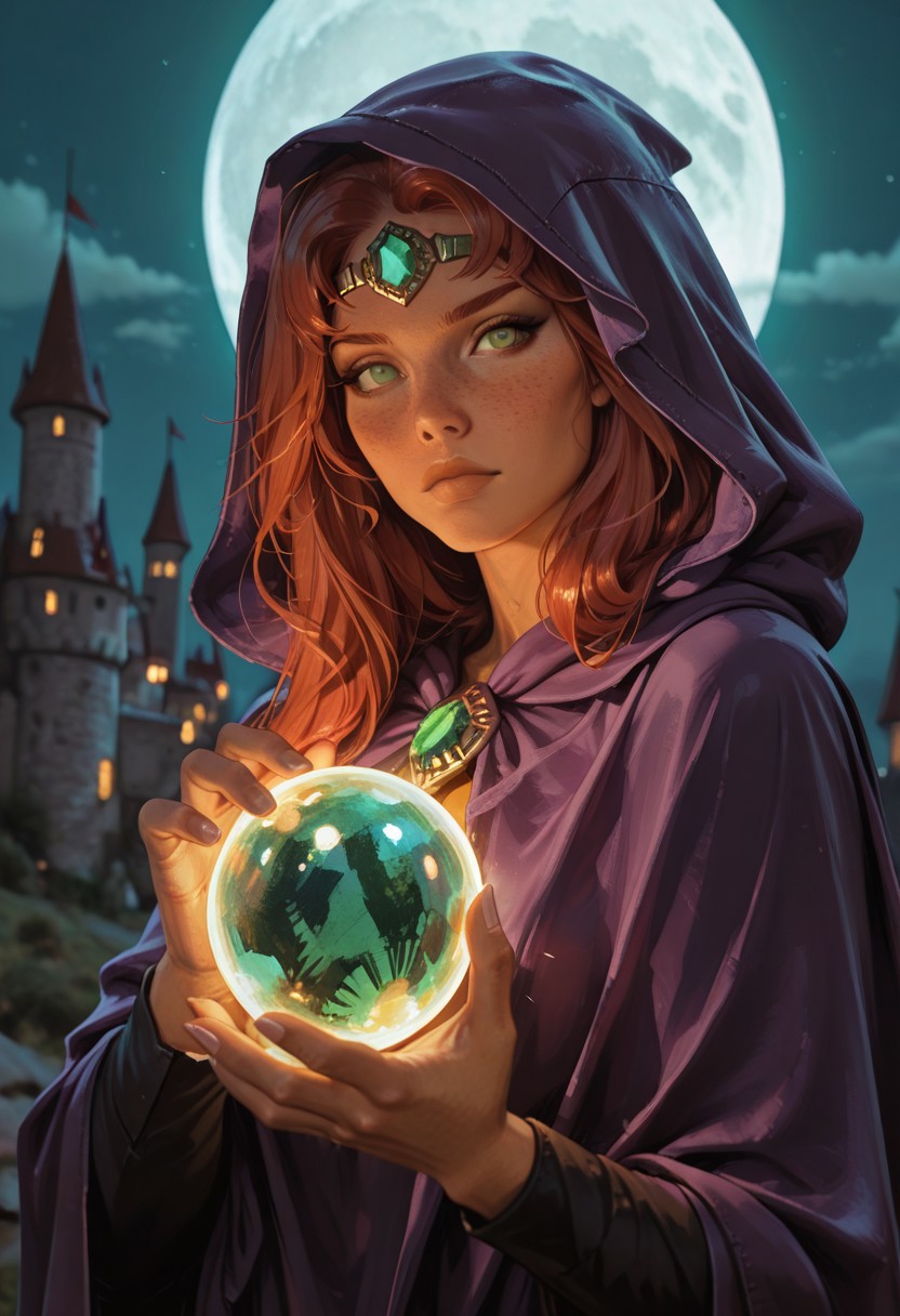 1Woman, Slight Orange tan complexion, Green eyes, solo, looking at viewer, hood, Vibrant Red hair, cloak, freckles, moon, upper body, hood up, fingernails, lips, hooded cloak, night, closed mouth, sky, glowing, emerald gem circlet, outdoors, full moon, Purple cloak, long sleeves, holding, castle, Long full hair, cape, glowing, holding orb,
<lora:rimixO:0.65>, masterwork, masterpiece, best quality,  detailed, depth of field, , high detail, best quality, very aesthetic, 8k, dynamic pose, depth of field, dynamic angle, adult,