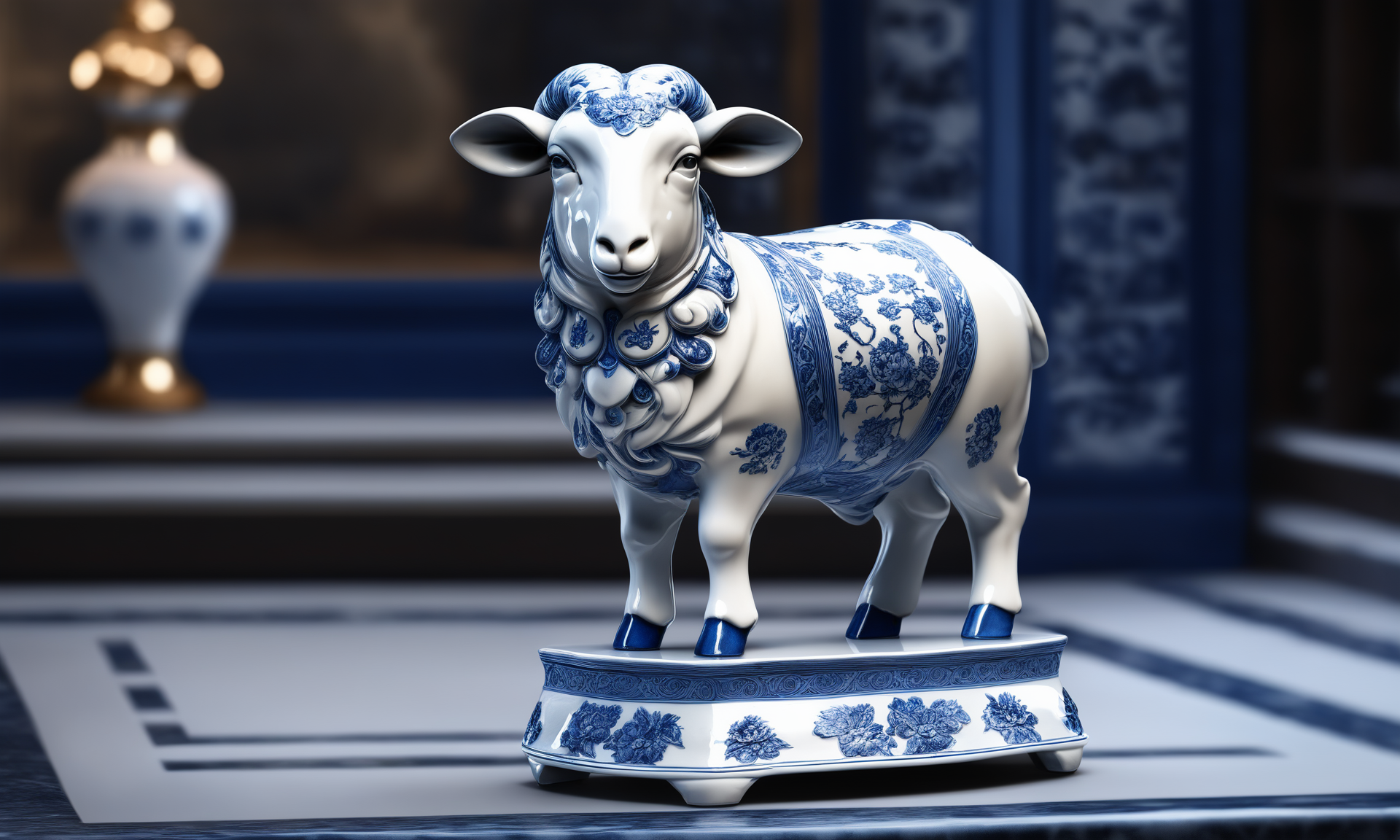 <lora:bwporcelaincd_xl-000007:0.7>, a statue of a sheep standing on a table made of (bwporcelaincd_xl, blue and white porcelain, porcelain:1.2, shiny:1.3, solo:1.3) in office, indoors, full body, chinese zodiac, cutie, cute, still life, animal statue, front view, facing viewer, looking at viewer, (Unbelievable Digital Artwork:1.3), CGSociety, ArtStation, master works, 8K,HDR,UHD,masterpiece,best quality,highly detailed,emotional,harmonious,high budget,moody,epic,gorgeous,high resolution,perfect lighting,finely detail,extremely detailed,ultra detailed,realistic,photorealistic,huge filesize,photographic,real,wallpaper,moody lighting,volumetric lighting,reality ray tracing
