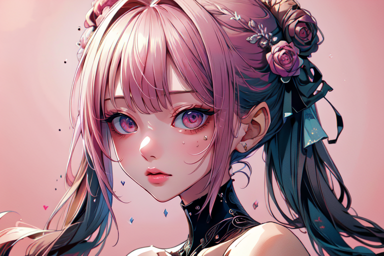 highly insanely detailed, masterpiece, top quality, best quality, highres, 4k, 8k, RAW photo, (very aesthetic, beautiful and aesthetic),  
(code_style,codestyle), 
<lora:CodeStyle (half generic class)_564920:1>, 
(1girl:1.3), 1other, 
soft pink background,âââ