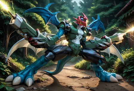 score_9, score_8_up, score_7_up, source_furry: 0.5, realistic, Digimon (creature), Paildramon, blank yellow eyes, dragon wings, red mecha helmet, tail, metal spikes, ivory claws, firing laser guns (mecha: 1.2), weapon (mecha:1.0), body electricity, night time, smog, big white text: Paildramon,