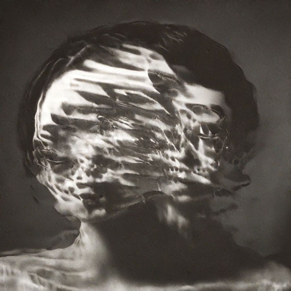 A close-up left facing profile portrait, a beautiful brunette woman made of glass, colorful light from hoph fibration bundles dramatically distorting her features
