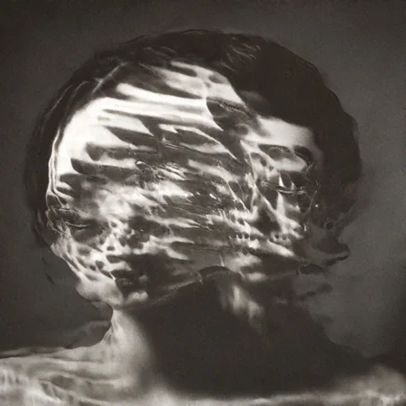 A close-up left facing profile portrait, a beautiful brunette woman made of glass, colorful light from hoph fibration bundles dramatically distorting her features