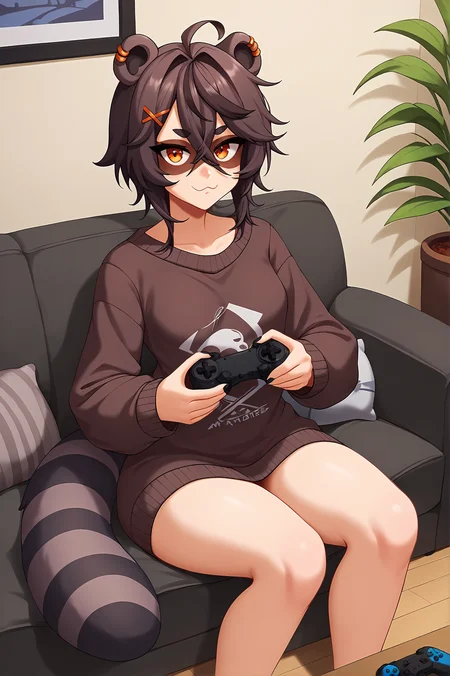 score_9,
<lora:snuffy_v1_pruned:0.9>, snuffytrash, oversized clothes, sweater, small breasts, looking at viewer,
holding controller, sitting, couch,
high resolution, Masterpiece