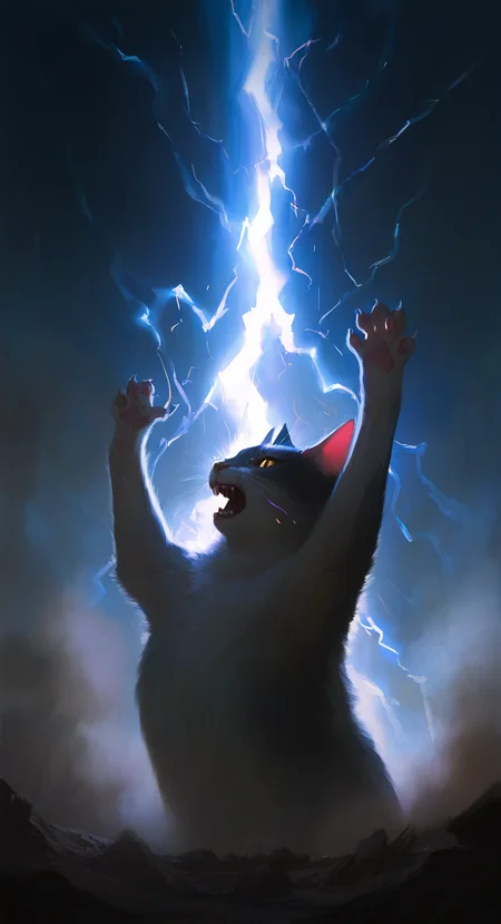 masterpiece, best quality, good quality, very aesthetic, absurdres, newest, open mouth, sky, arms up, no humans, night, fangs, smoke, realistic, electricity, space, battle, whiskers, lightning, dust,very fat cat,solo,Intensive lightning, From Side, <lora:ponyv5_noobV065S_1_adamW-000013:0.7> <lora:USNR_STYLE_XL_lokr:0.45>