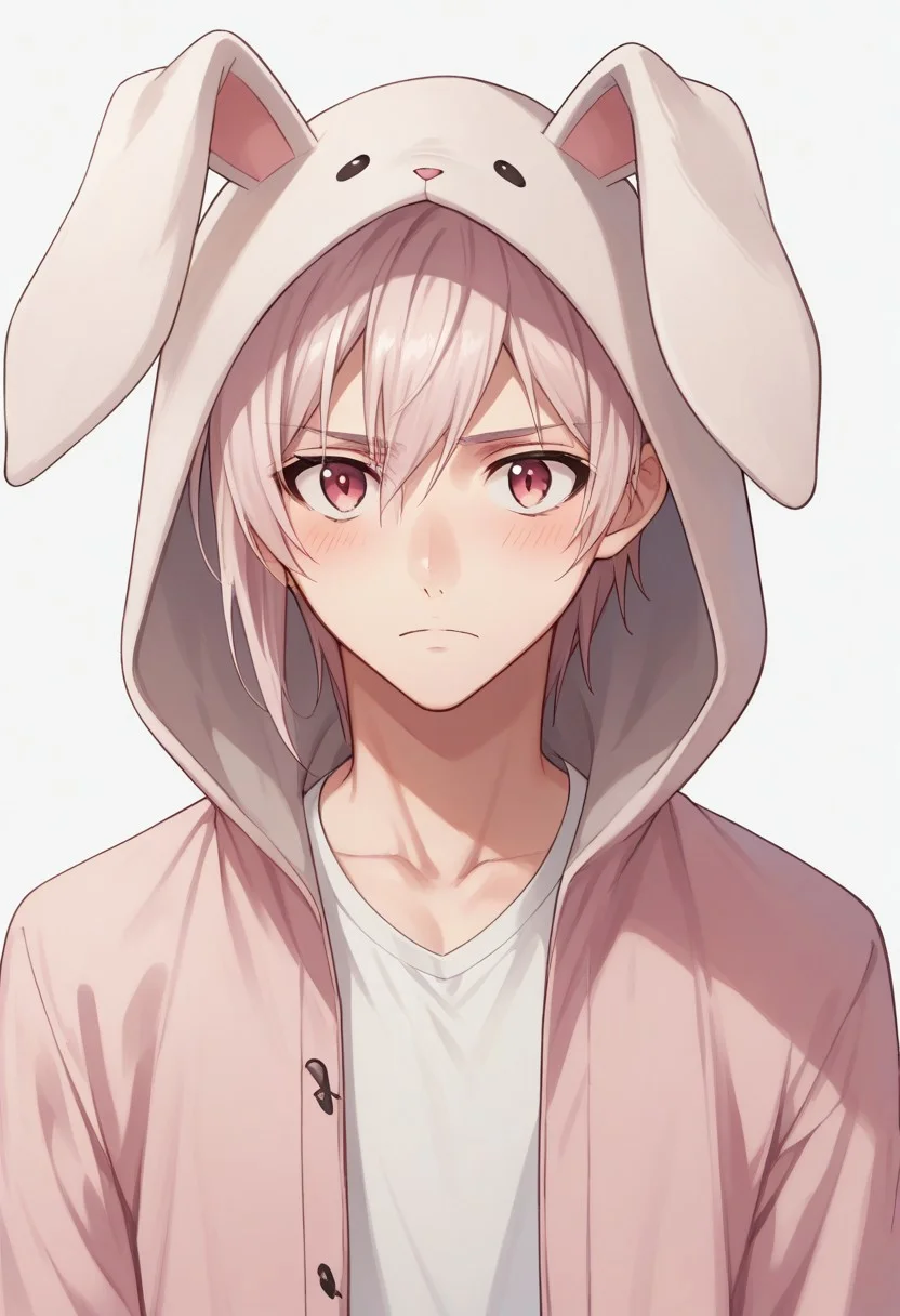 score_9, score_8_up, score_7_up, source_anime, highly detailed,
tennkujo, 1boy, male focus, solo, pink hair, looking at viewer, blush, frown, animal hood,hood up, rabbit hood, hooded jacket, indoor, upper body,