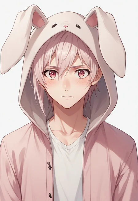 score_9, score_8_up, score_7_up, source_anime, highly detailed,
tennkujo, 1boy, male focus, solo, pink hair, looking at viewer, blush, frown, animal hood,hood up, rabbit hood, hooded jacket, indoor, upper body,