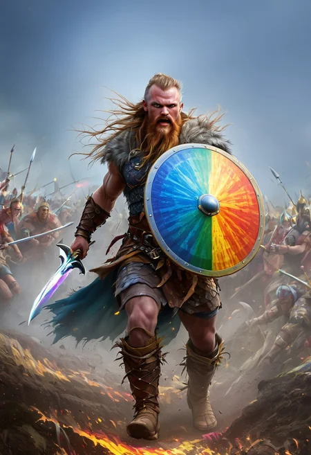 VALHERO neouv, viking warrior holding rainbow shield and rainbow sword while running through the battle of ragnarok