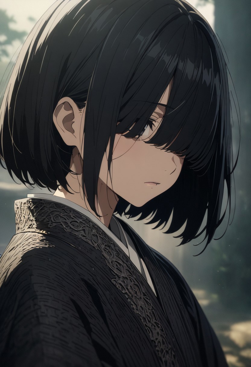 gorgeous lips, cinematic, (masterpiece), (best quality), (ultra-detailed), very aesthetic, perfect composition, intricate details, absurdres, detailed face, (anime, masterpiece, intricate:1.3), (best quality, hires textures, high detail:1.2), 
zashiki-warashi, jet black bob haircut, kimono, expressionless, childhood, , hair over eyes