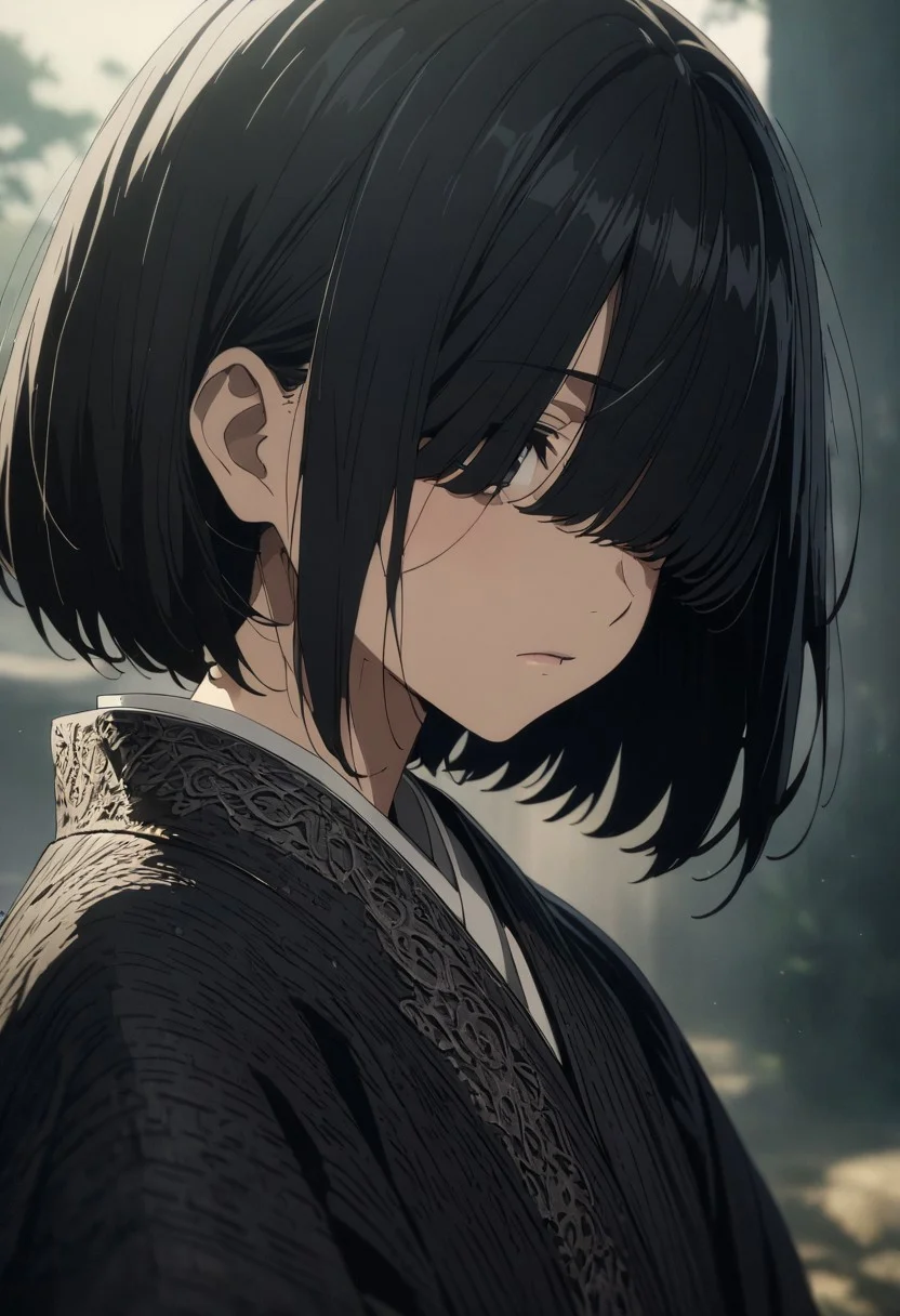 gorgeous lips, cinematic, (masterpiece), (best quality), (ultra-detailed), very aesthetic, perfect composition, intricate details, absurdres, detailed face, (anime, masterpiece, intricate:1.3), (best quality, hires textures, high detail:1.2), 
zashiki-warashi, jet black bob haircut, kimono, expressionless, childhood, , hair over eyes