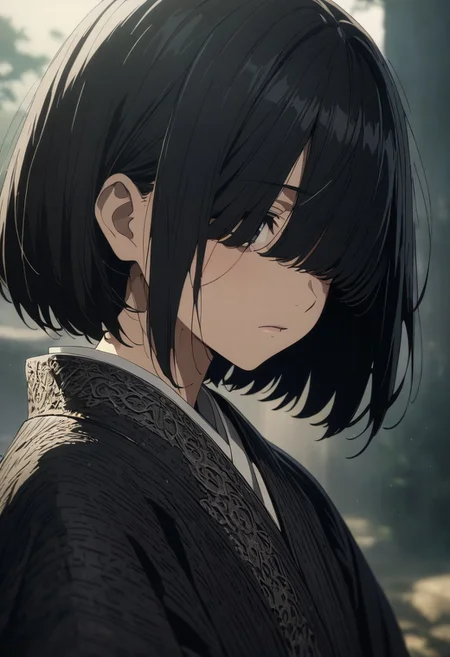 gorgeous lips, cinematic, (masterpiece), (best quality), (ultra-detailed), very aesthetic, perfect composition, intricate details, absurdres, detailed face, (anime, masterpiece, intricate:1.3), (best quality, hires textures, high detail:1.2), 
zashiki-warashi, jet black bob haircut, kimono, expressionless, childhood, , hair over eyes
