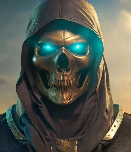A realistic detail of a (mid-range) full torso character portrait of a(n) (CHV3CCyberpunk.grim reaper) costume with artistic scenery in the background, trending on artstation, 8k, hyper detailed, artstation, concept art, hyper realism, ultra-real, digital oil painting, cinematic, art award, highly detailed, attractive face, facial expression, professional hands, professional anatomy, 2 arms