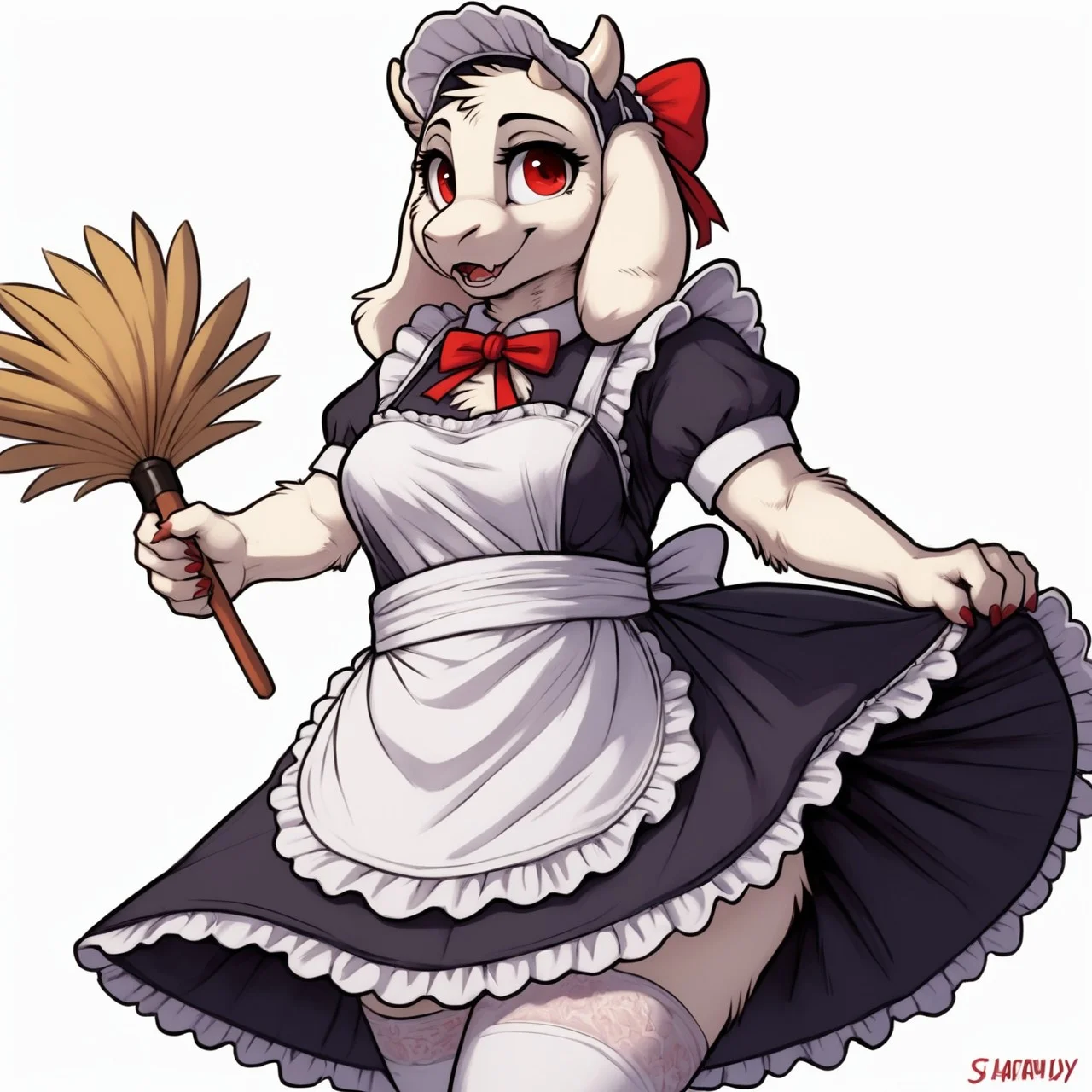 PonyXLV6_Scores ,
PnyCmicXLPOS,
DskfllArtPosXLPNY,
1girl,
female focus,
solo,
monster,
toriel,
goat,
white horns,
red eyes,
face focus,
happy,
smile,
white background,
simple background,
<lora:Toriel_Undertale_Pony_SDXL:1>, maid,
maid outfit,
skirt,
stockings,
white stockings,
featherduster,
cleaning,
bonnet,
headwear,
kitchen,