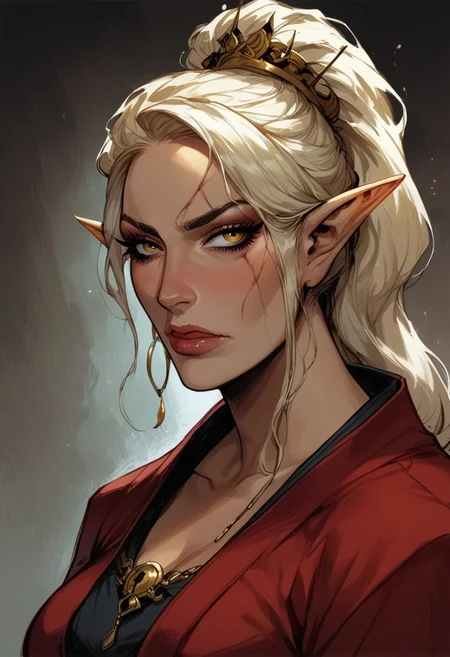 score_9, score_8_up, score_7_up, BREAK,
1girl, mature and imposing, 30 years old, portrait, beautiful, Elf wizard, asian, asian woman, golden colored skin, tanned skin, tanned, sunbathed, sunbathed skin, evil, villain, blonde hair, medium brests, golden eyes, mature, mature woman, long ponytail, single ponytail, side bangs, modest clothing, red fantasy toga, red kimono, closed mouth, arrogant <lora:Fant5yP0ny:0.6> <lora:fantasy_world_pony:0.9>
<lora:Cherry-Gig:0.55>