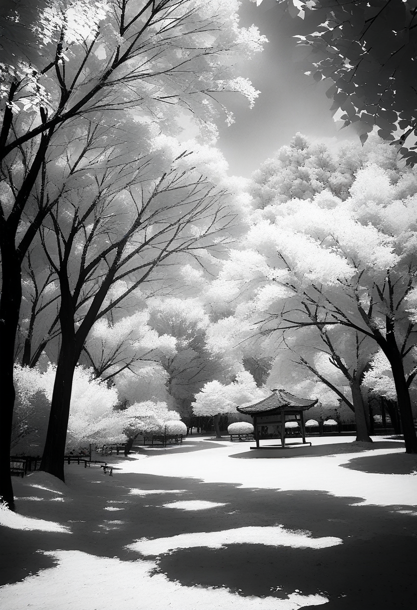 masterpiece, best quality, very aesthetic, absurdres,
Infrared_photography, greyscale, monochrome, tree, scenery, no humans, traditional media, outdoors
 <lora:Infrared_photography_SDXL_V1:1>