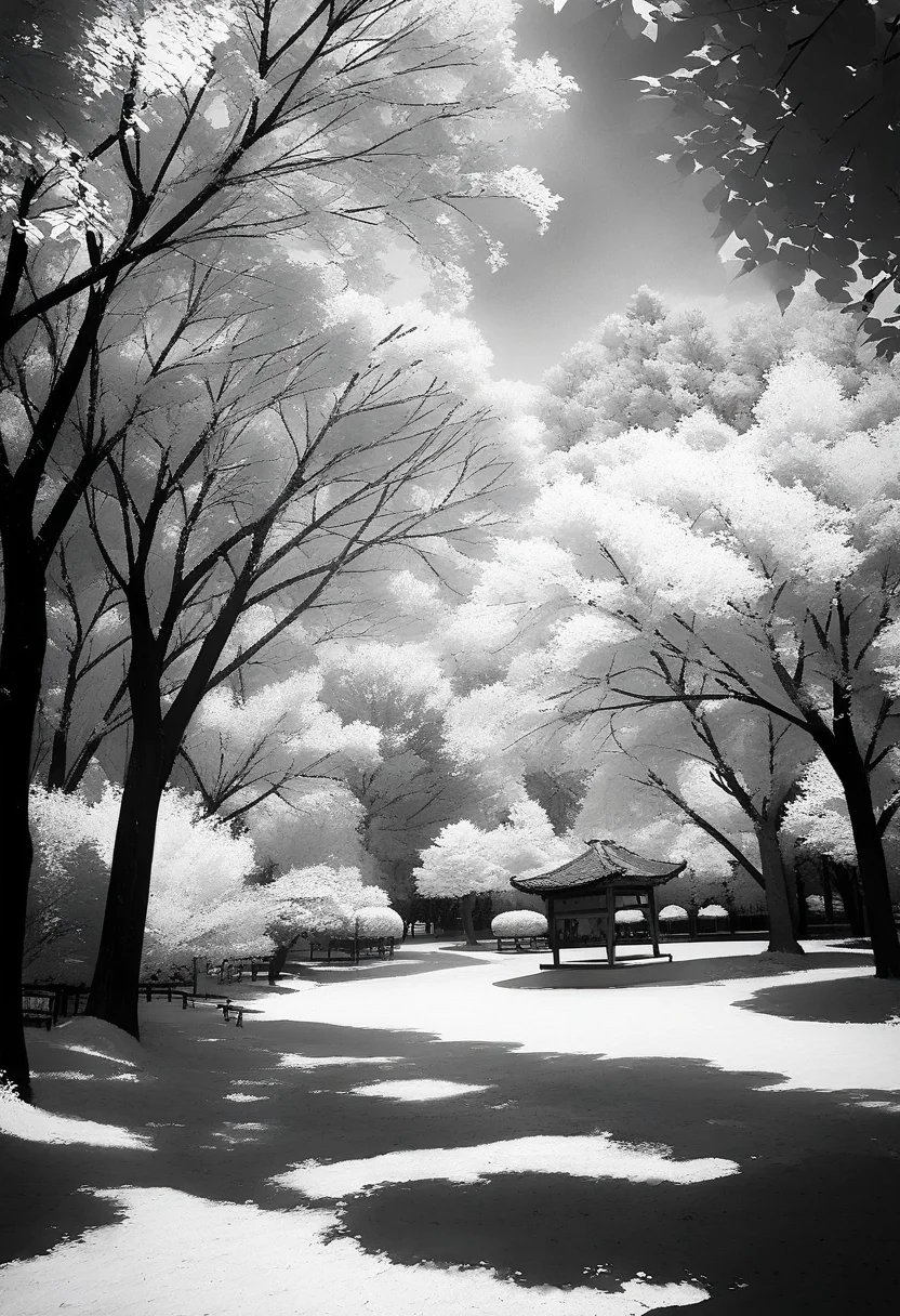 masterpiece, best quality, very aesthetic, absurdres,
Infrared_photography, greyscale, monochrome, tree, scenery, no humans, traditional media, outdoors
<lora:Infrared_photography_SDXL_V1:1>