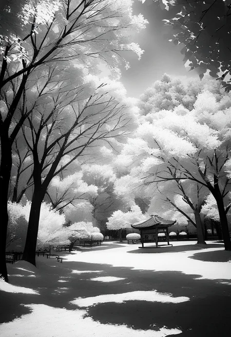 masterpiece, best quality, very aesthetic, absurdres,
Infrared_photography, greyscale, monochrome, tree, scenery, no humans, traditional media, outdoors
<lora:Infrared_photography_SDXL_V1:1>