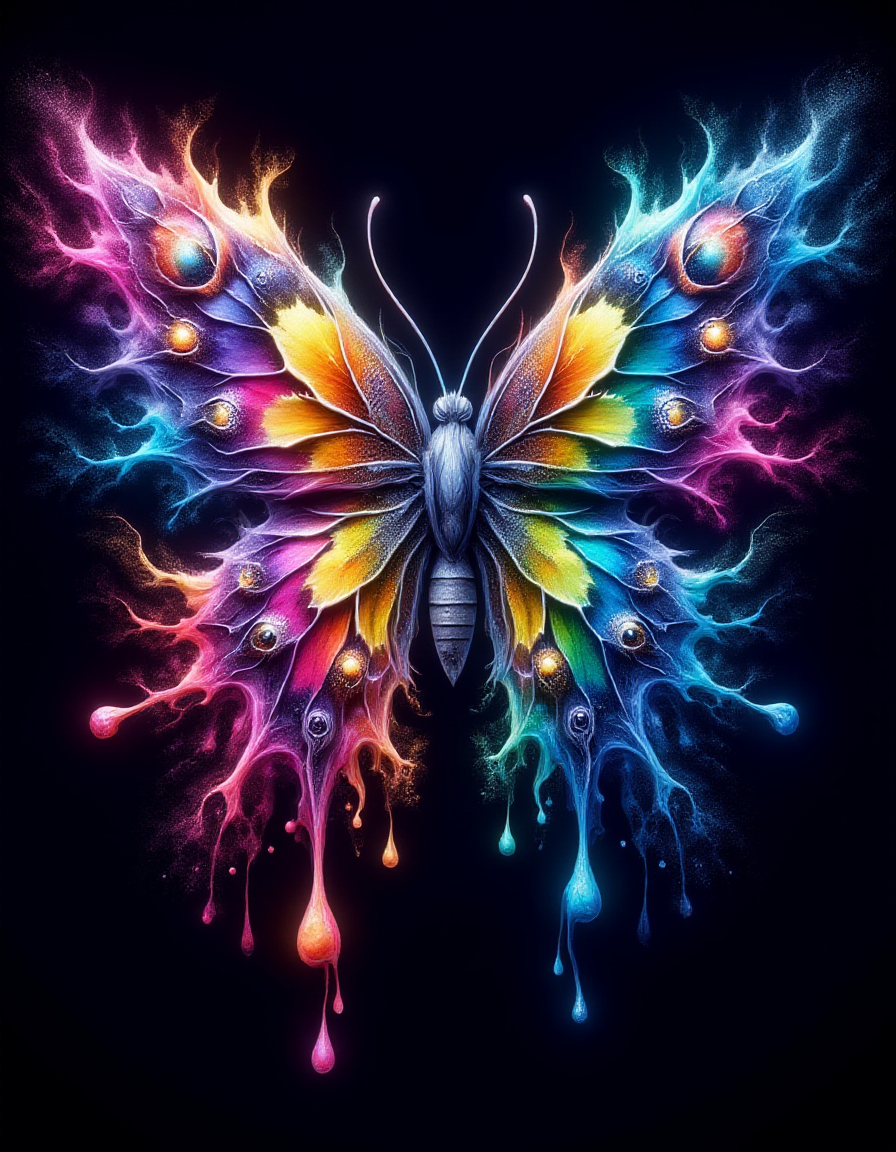 A vibrant butterfly rendered in psychedelic art style, its wings adorned with swirling, kaleidoscopic patterns in neon colors. In a ral-dissolve effect, the intricate designs begin to melt and flow outward, transforming into streams of luminous liquid that drip into the void. The intense, contrasting hues and fluid motion evoke a sense of constant change and the ephemeral nature of beauty.
 <lora:ral-dissolve-flux_000005000:1>