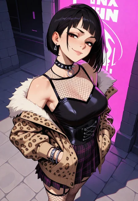 masterpiece, best quality, amazing quality, very aesthetic, (flat colors:1), (Artist: Incase 0.75), official art, (8k resolution, absolute masterpiece, ultra detailed, best quality, masterpiece, colorful, highest detailed), (intricate details), (dynamic angle), view from above, volumetric lighting, vivid colors, 1girl, Nobara Kugisaki (JJK), 21 years old, solo, detailed, sexy pose, partially covered in shadow, street background. close-up, face closeup, medium breasts, She wears a purple corset-style top, paired with a short plaid skirt in shades of dark purple and black. Her outfit is accessorized with fishnet stockings, and a bold, leopard-print faux fur jacket draped casually over one shoulder. Her black bob haircut is sleek and sharp. She has a spiked choker around her neck, metal rings and bracelets adorning her fingers and wrists, exuding a rebellious, punk-inspired vibe. pretty girl with medium hair, tattoos, makeup, looking at viewer, standing, hands in pockets, side view, breasts focus, smug
