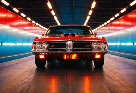 VintageMuscleCar gleaming dragster tunnel, symmetrical front view, bright headlights, neon lights, glass background, light reflections, 4K, highly detailed, closeup (stylish grainy analog film photo 35mm vintage Kodachrome)