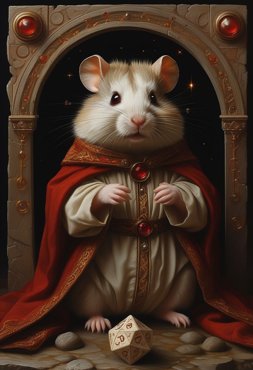 a djungarian hamster,ruby red eyes, amusement,runelore mastery,hands on ancient runes,accessing their powers,wearing enchanted trousers,sorcerer's cape,transfigure dotted lines,parallel liness,hyper-information nexus,icosahedron,meteor shower,light brown charm,whirling,unleash,self-adjusting nanofluidic climate control,limestone convection,whipping magic,concentrated stance,mentally focusing on the spell,halo,art by Fritz Gross,trailblazing marvelous opus with unsurpassed details