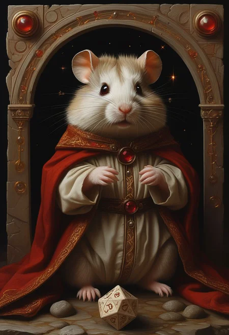 a djungarian hamster,ruby red eyes, amusement,runelore mastery,hands on ancient runes,accessing their powers,wearing enchanted trousers,sorcerer's cape,transfigure dotted lines,parallel liness,hyper-information nexus,icosahedron,meteor shower,light brown charm,whirling,unleash,self-adjusting nanofluidic climate control,limestone convection,whipping magic,concentrated stance,mentally focusing on the spell,halo,art by Fritz Gross,trailblazing marvelous opus with unsurpassed details