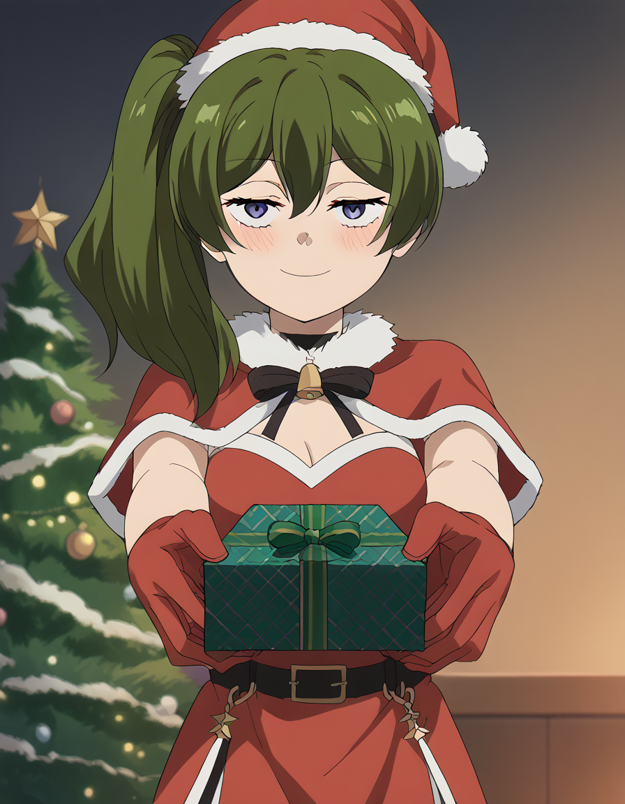 score_9, score_8_up, score_7_up, source_anime, <lora:ubel-s1-ponyxl-lora-nochekaiser:1>, ubel, medium hair, hair between eyes, green hair, side ponytail, purple eyes, medium breasts, anime screencap, <lora:santa-costume-ponyxl-lora-nochekaiser:1>, santa costume, santa hat, christmas, sack, merry christmas, gift, fur-trimmed headwear, holding sack, santa dress, fur-trimmed dress, christmas tree, christmas tree, fur trim, red capelet, gift box, red gloves, fur-trimmed capelet, santa gloves, red hat, hat,, smile, blush, looking at viewer, <lora:incoming-gift-ponyxl-lora-nochekaiser:1>, incoming gift, outstretched arms, holding, holding gift, gift, gift box,, , dutch angle, cowboy shot