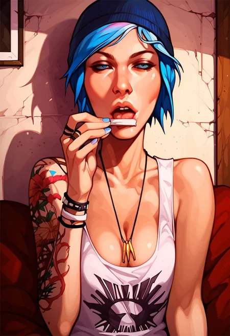 Score_9_up, score_8_up, score_7_up, 1girl, solo, chloe price, arm tattoo, dark blue beanie, tanktop, necklace, cleavage, l1ckp4p3r, bedroom, Expressiveh