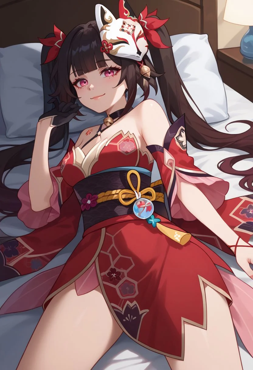 score_9, score_8_up, score_7_up, source_anime, 1girl, sparkledef, pink eyes, long hair, twintails, fox mask, mask on head, bell, black choker, bare shoulders, back tattoo, criss-cross halter, detached sleeves, red dress, japanese clothes, obi, black sash, black gloves, single glove, thigh strap, lying, on back, on bed, hand up, closed mouth, smile, looking at viewer, indoors, bedroom, portrait, close-up, facing viewer, <lora:Sparkle_v1-000010:1>