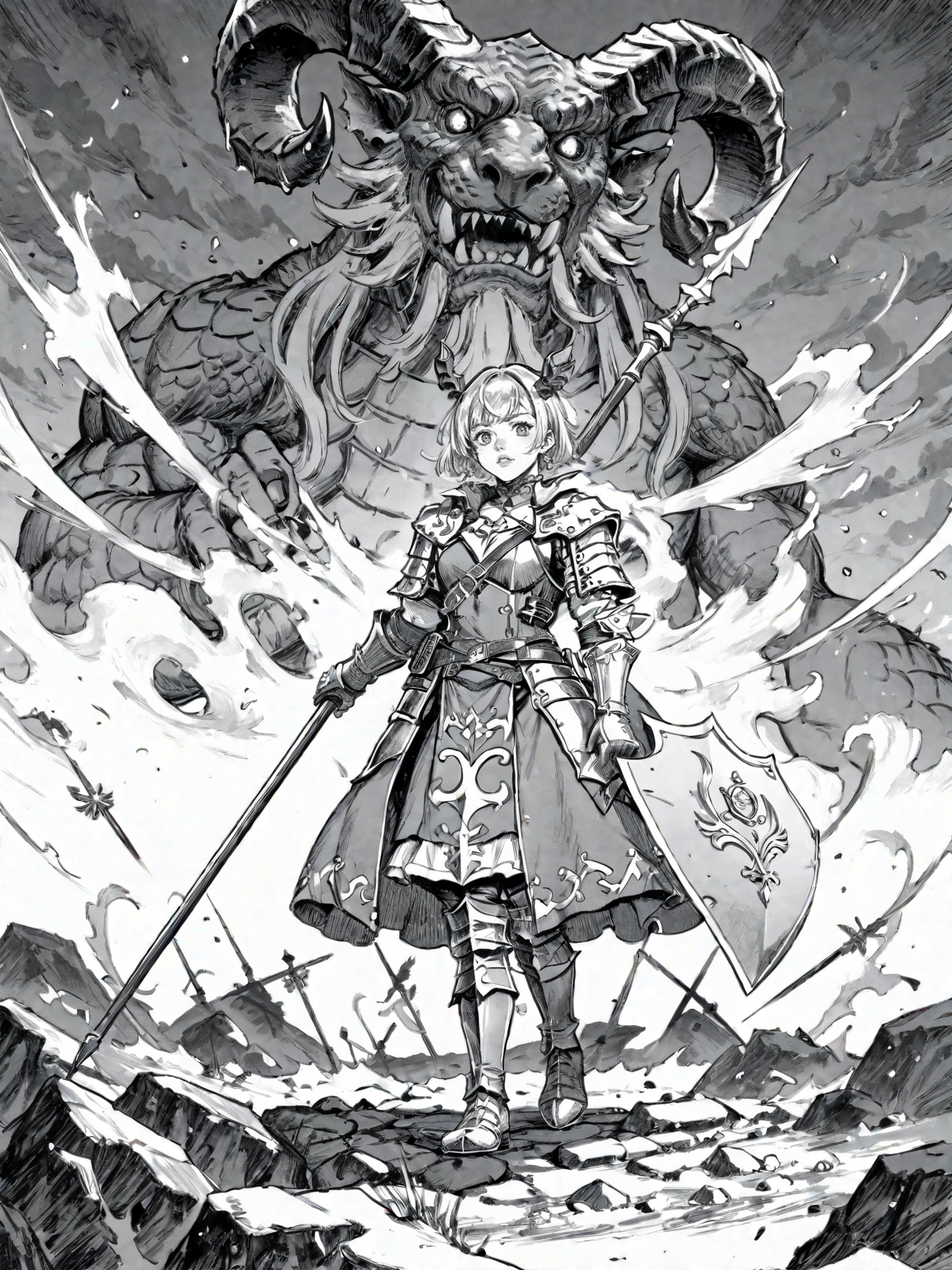1girl armor blonde_hair dragon_girl fantasy holding holding_polearm holding_weapon horns lance polearm shield virtual_youtuber weapon
, <lora:Berserk:0.8>, score_9, score_8_up, score_7_up, zPDXL3, monochrome, greyscale