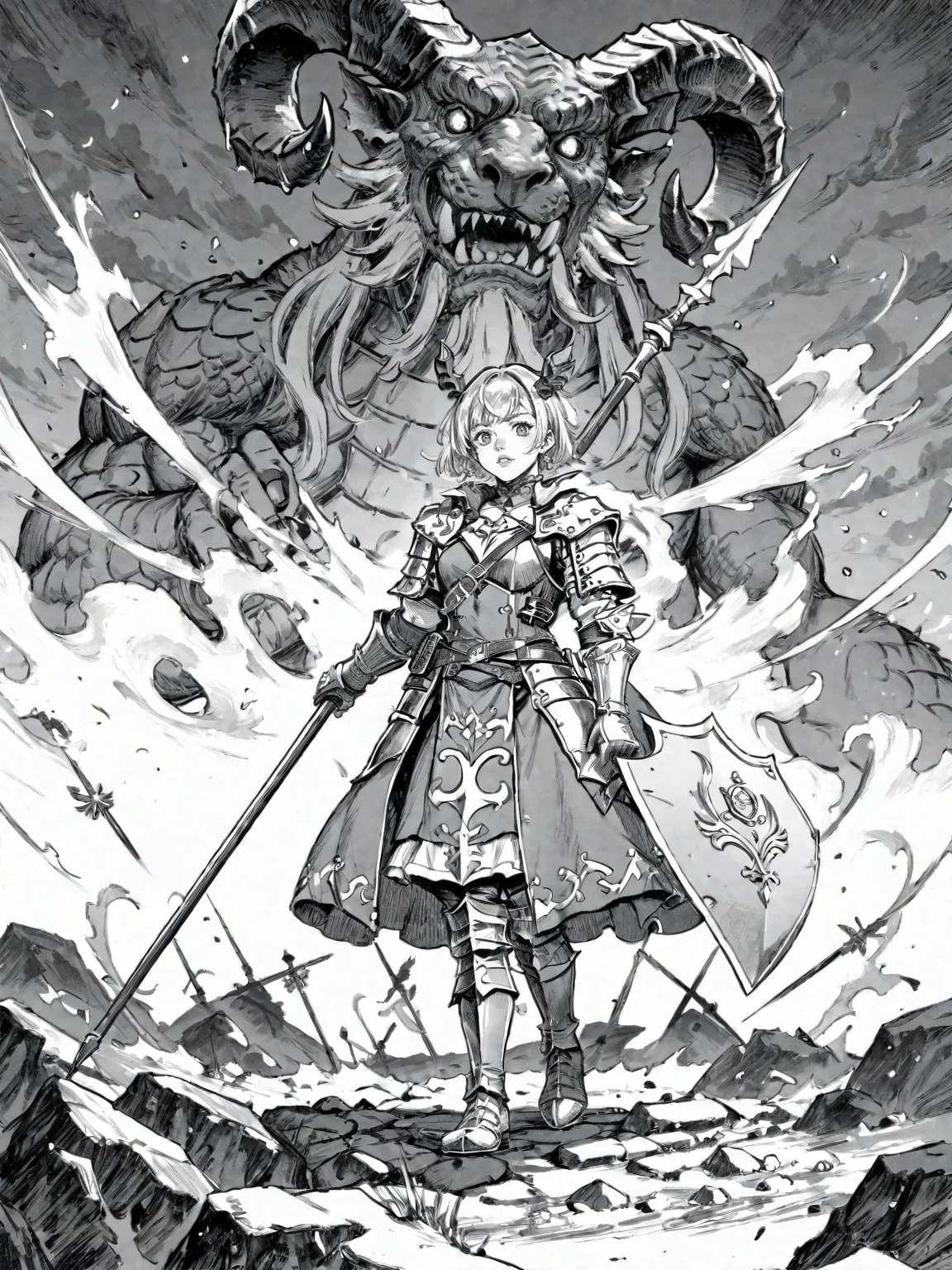 1girl armor blonde_hair dragon_girl fantasy holding holding_polearm holding_weapon horns lance polearm shield virtual_youtuber weapon
, <lora:Berserk:0.8>, score_9, score_8_up, score_7_up, zPDXL3, monochrome, greyscale