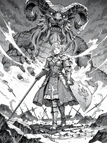 1girl armor blonde_hair dragon_girl fantasy holding holding_polearm holding_weapon horns lance polearm shield virtual_youtuber weapon
, <lora:Berserk:0.8>, score_9, score_8_up, score_7_up, zPDXL3, monochrome, greyscale