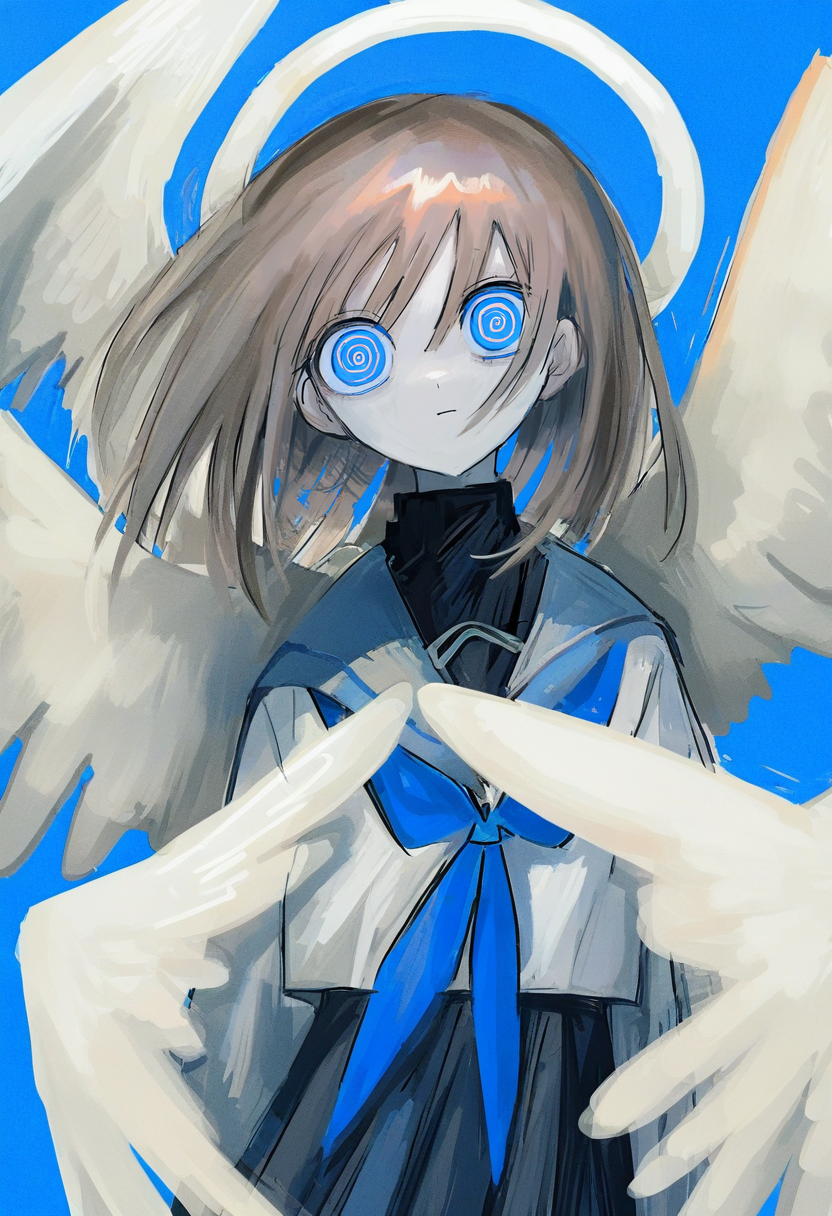 solo, 1girl, wings, halo, skirt, school uniform, feathered wings, sailor collar, looking at viewer, serafuku, blue eyes, neckerchief, shirt, blue neckerchief, angel, blue background, pleated skirt, closed mouth, angel wings, black skirt, white shirt, bangs, medium hair, ringed eyes, brown hair <lora:shiunXL_NB11_lokr_V6311P:0.95>