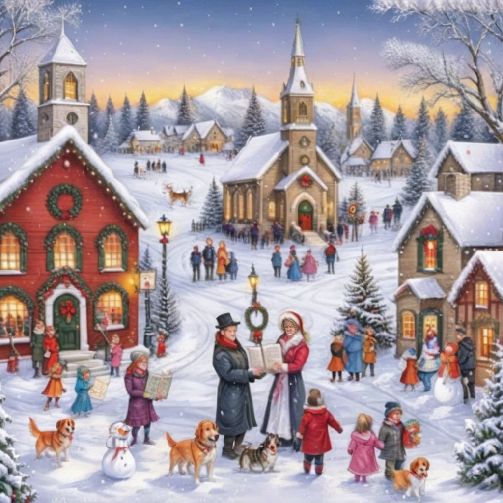 vxc, a winter village surrounded in snow, christmas tree, choir, church, snowman, families, pet dog <lora:Vintage_Christmas_Card_Generator_XL-KK:0.8>