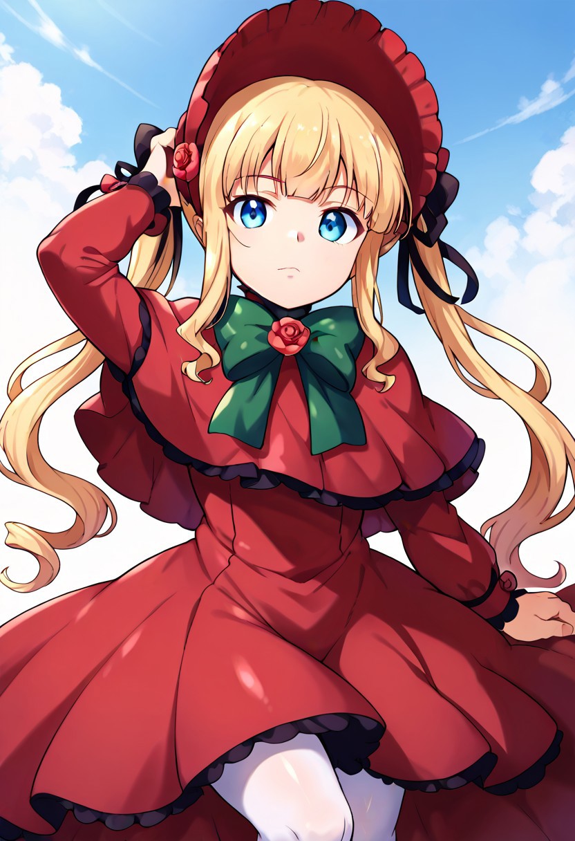 (zPDXL3), 
(zPDXLxxx), 
shinku,
capelet, dress, bonnet, bow, ribbon, white pantyhose,
1girl, 
looking_at_viewer, 
arm_up,